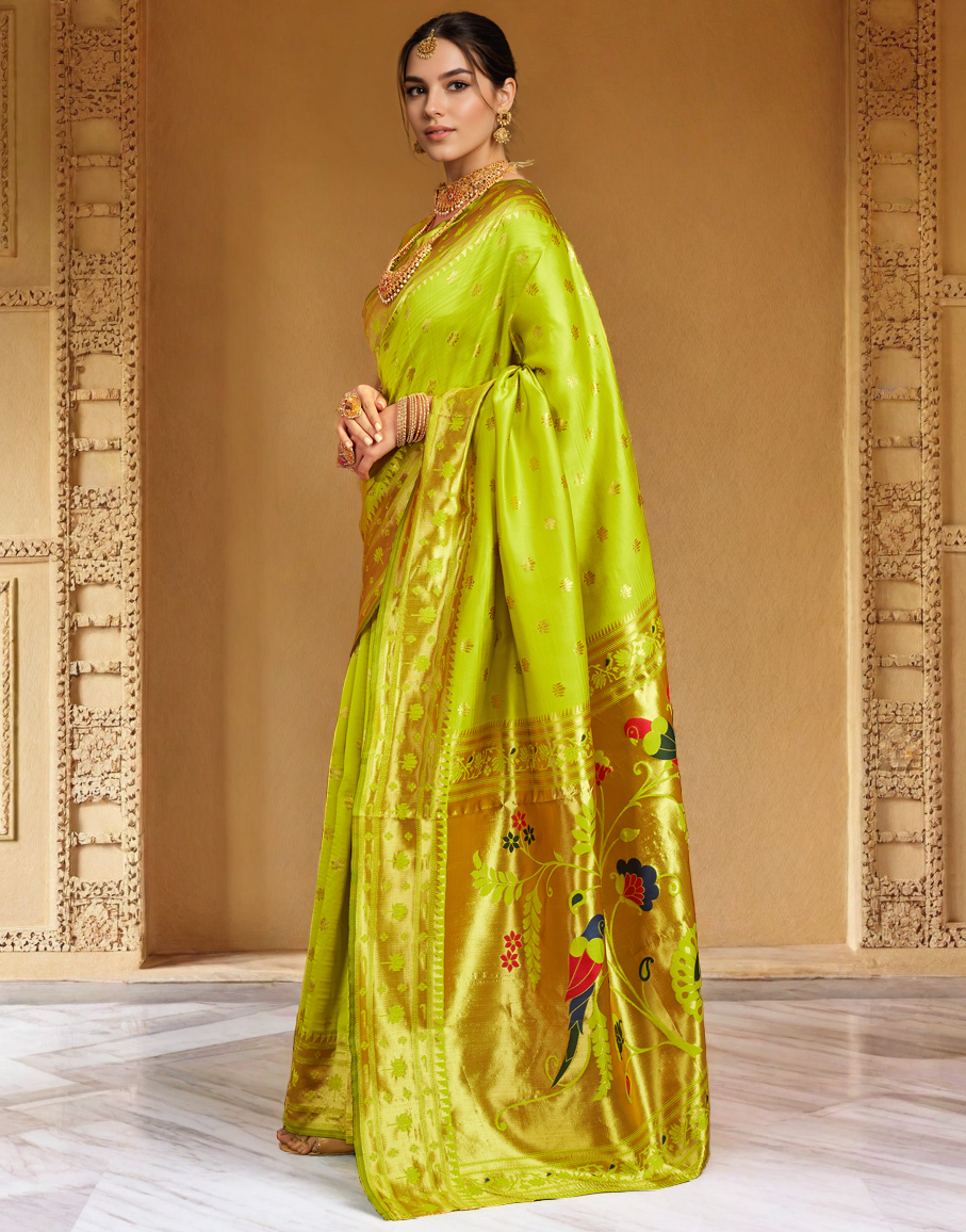 Traditional Parrot Green Paithani Silk Saree With Zari Weaving Work