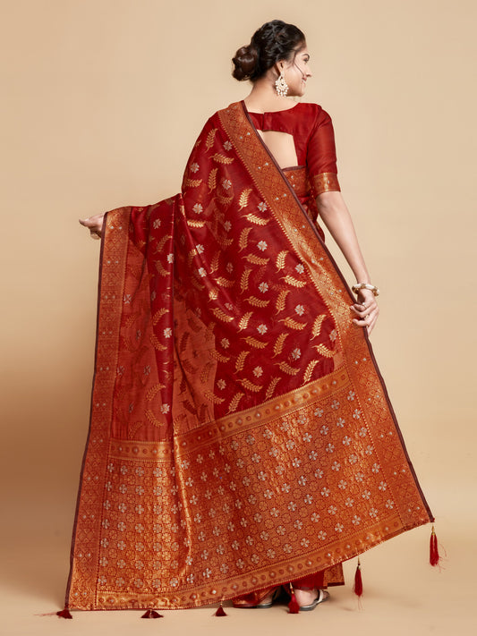 Red Soft Linen Silk Saree With Zari Weaving Work