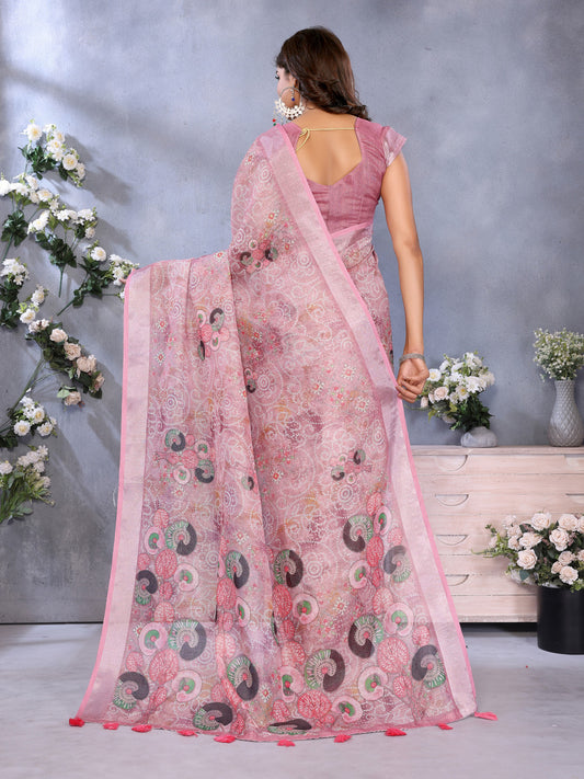 Baby Pink Linen Cotton Saree With Digital Printed Work And Silver Zari Border