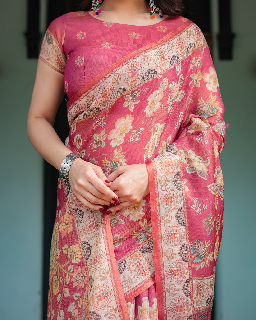 Gajari Soft Linen Cotton Saree With Kalamkari Printed Work