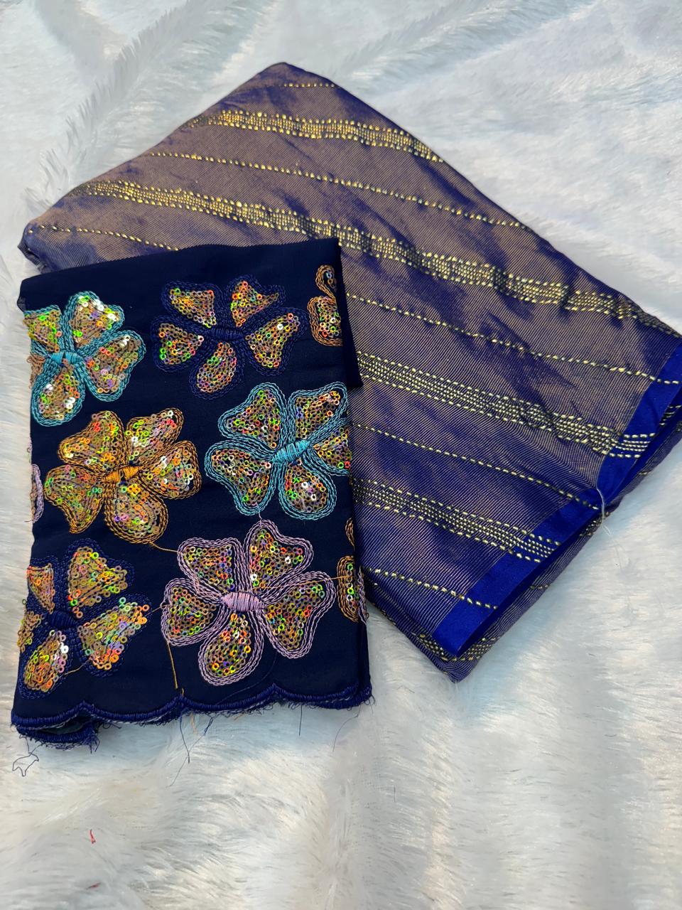 Royal Blue Brasso Silk Saree With Foil Work