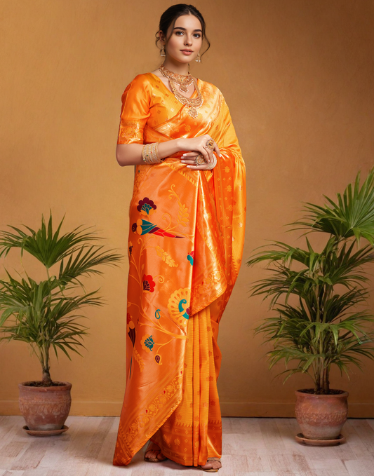 Traditional Orange Paithani Silk Saree With Zari Weaving Work