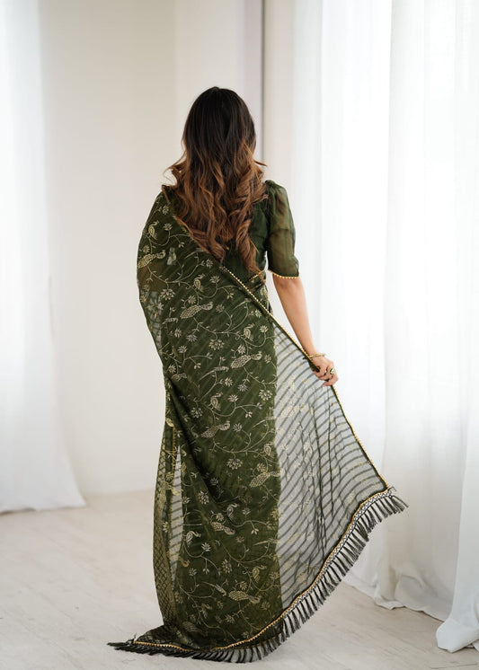 Mahendi Green Color Georgette Saree With Digital Printed Work And Lace Border