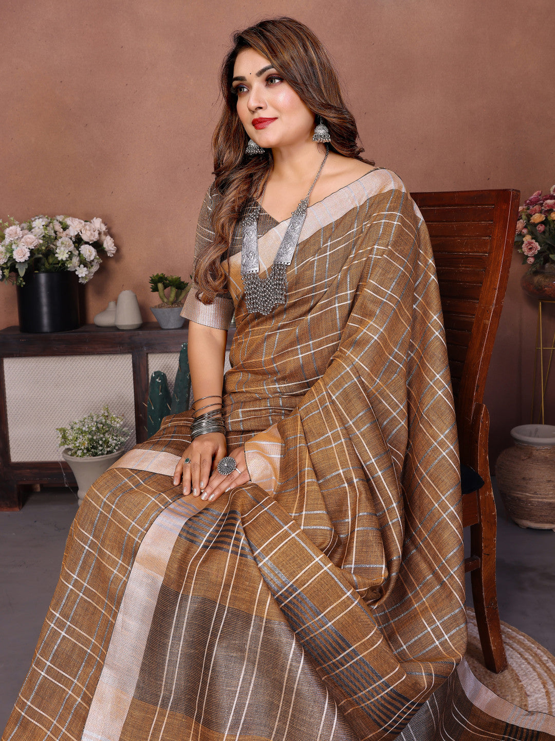 Beige Linen Cotton Saree With Silver Zari Border