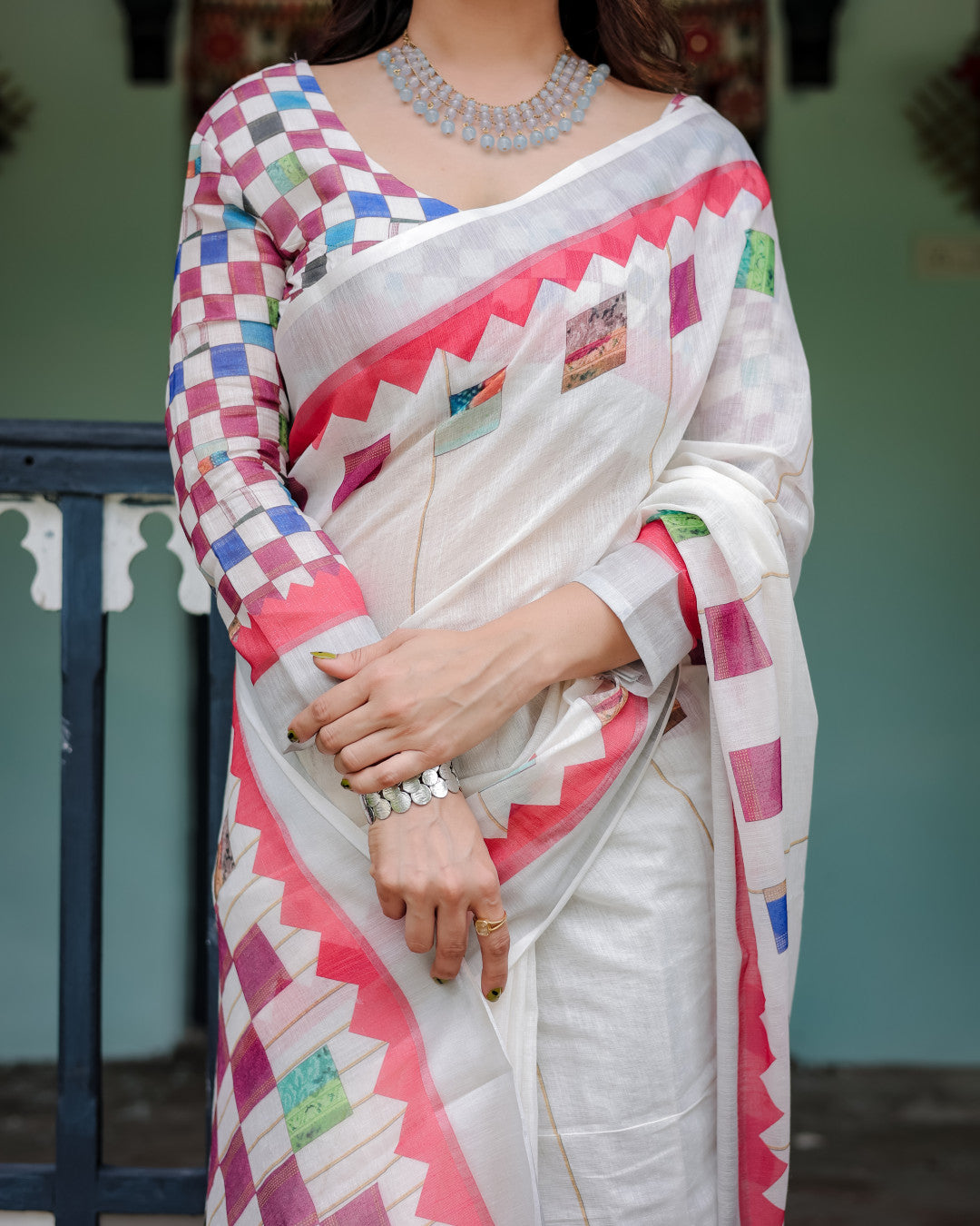 White Summer Special Digital Printed Linen Cotton Saree