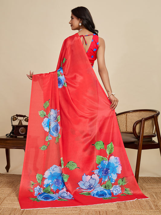Red Soft Chinnon Silk Saree With Digital Printed Work