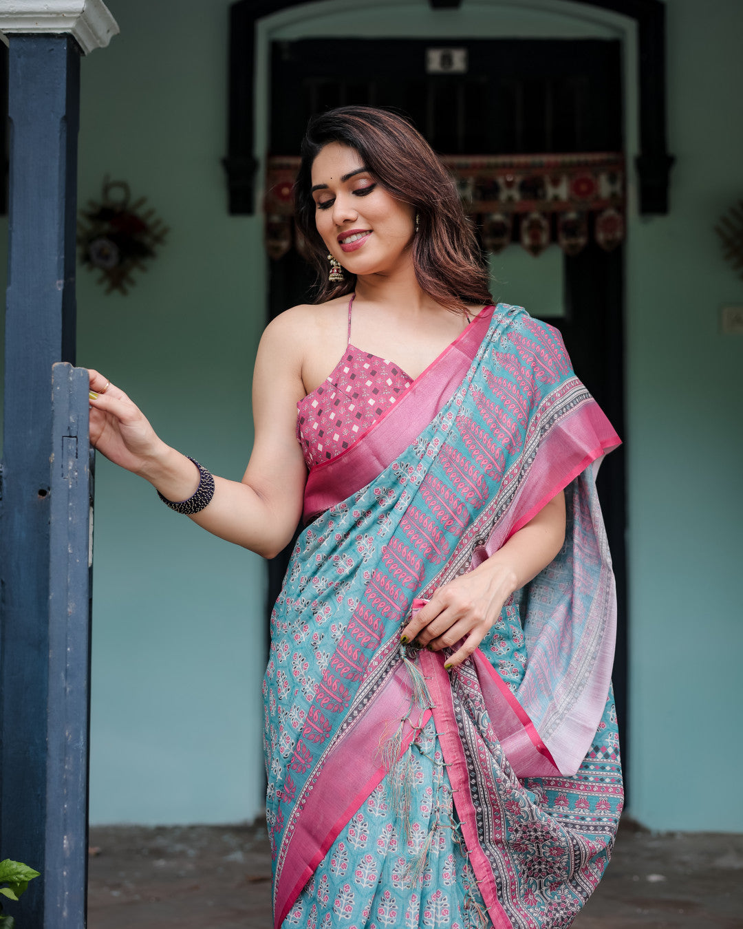 Sky Blue Summer Special Digital Printed Linen Cotton Saree
