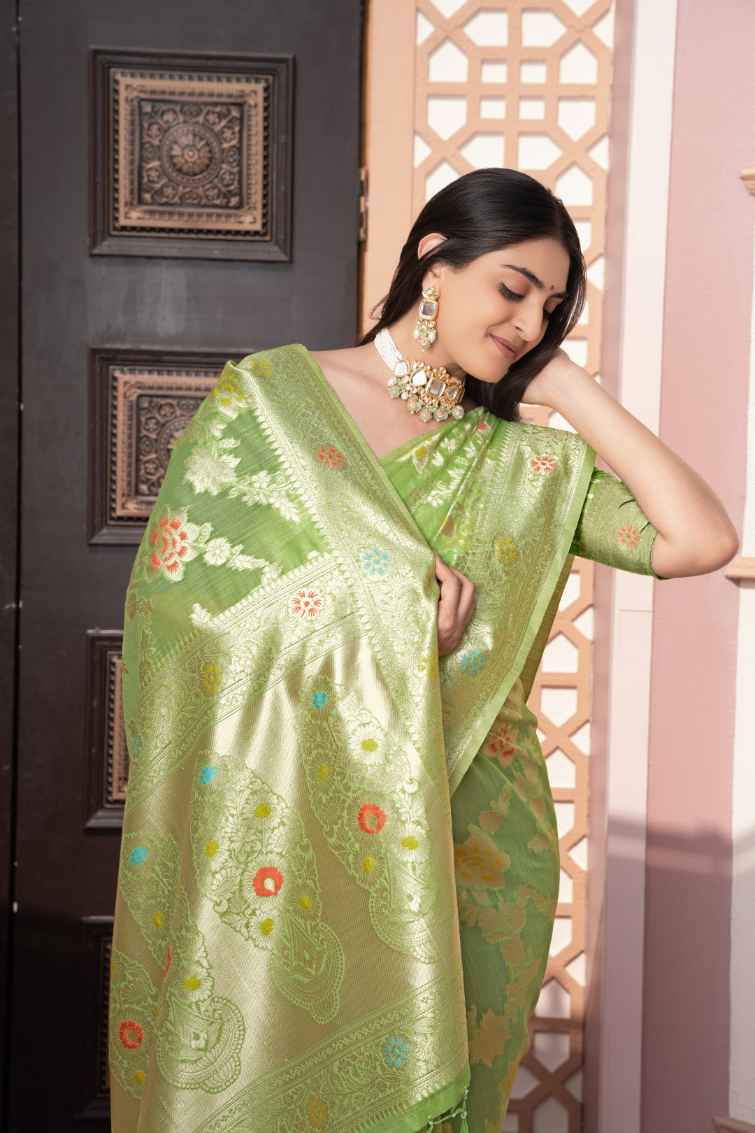 Pista Green Banarasi Cotton Silk Saree With Zari Woven Work