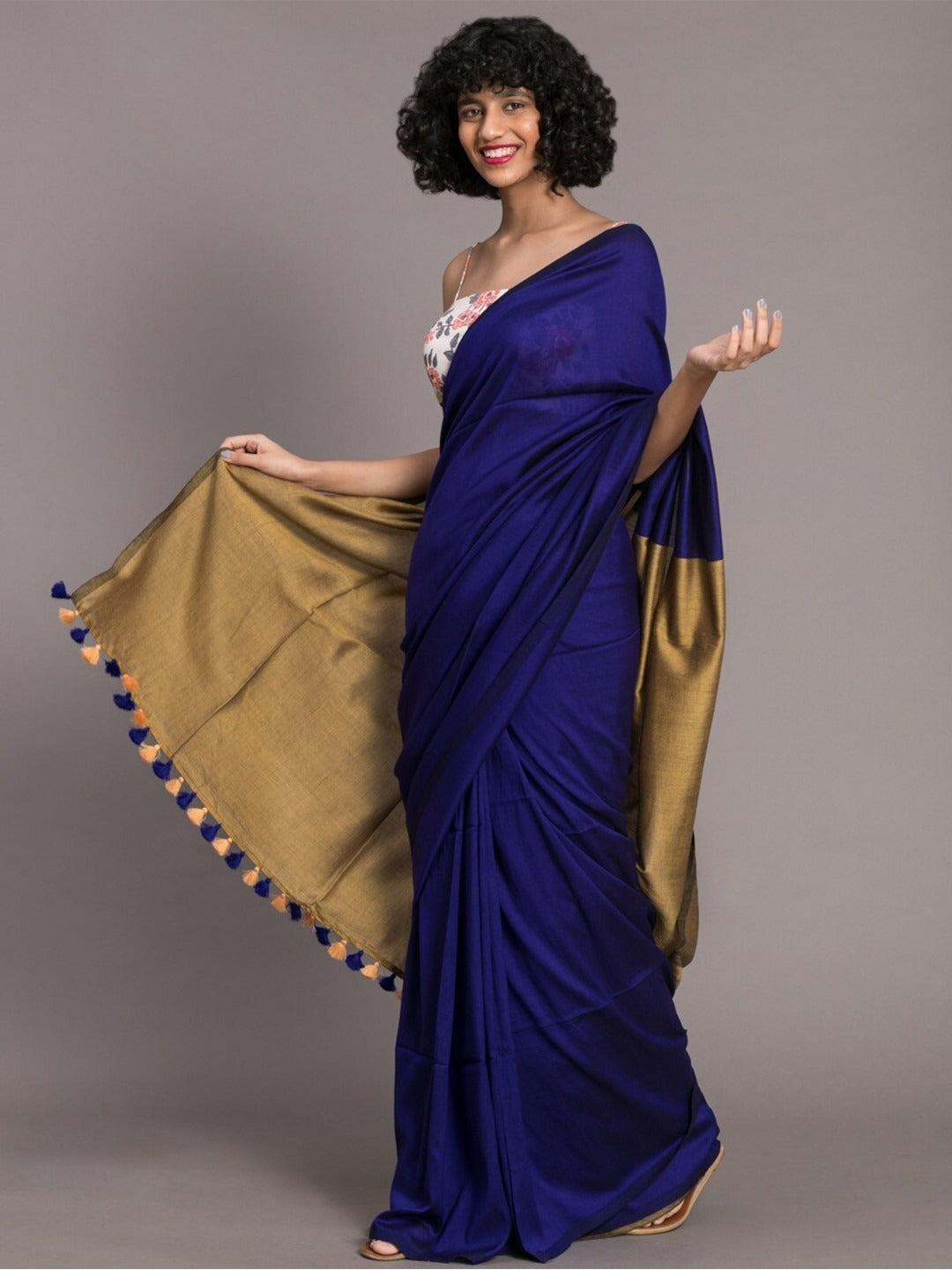 Navy Blue Color Plain Khadi Cotton Saree With Fancy Tassel Work