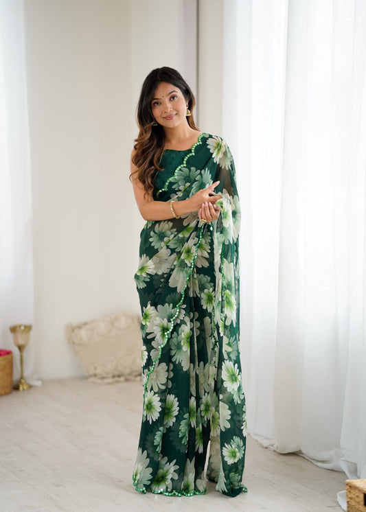 Green Color Georgette Saree With Printed Work And Mirror Work Border