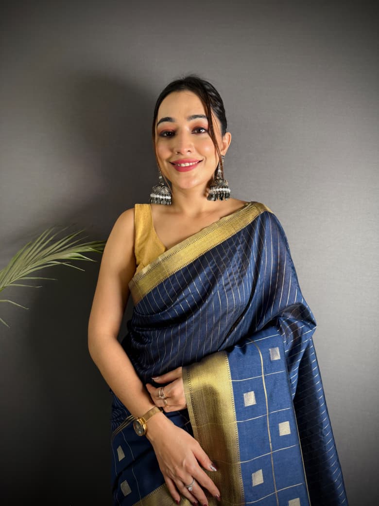 Navy Blue Soft Cotton Silk Saree With Zari Weaving Work