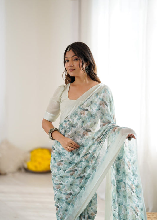 Sea Green Linen Cotton Saree With Flower Digital Printed Work