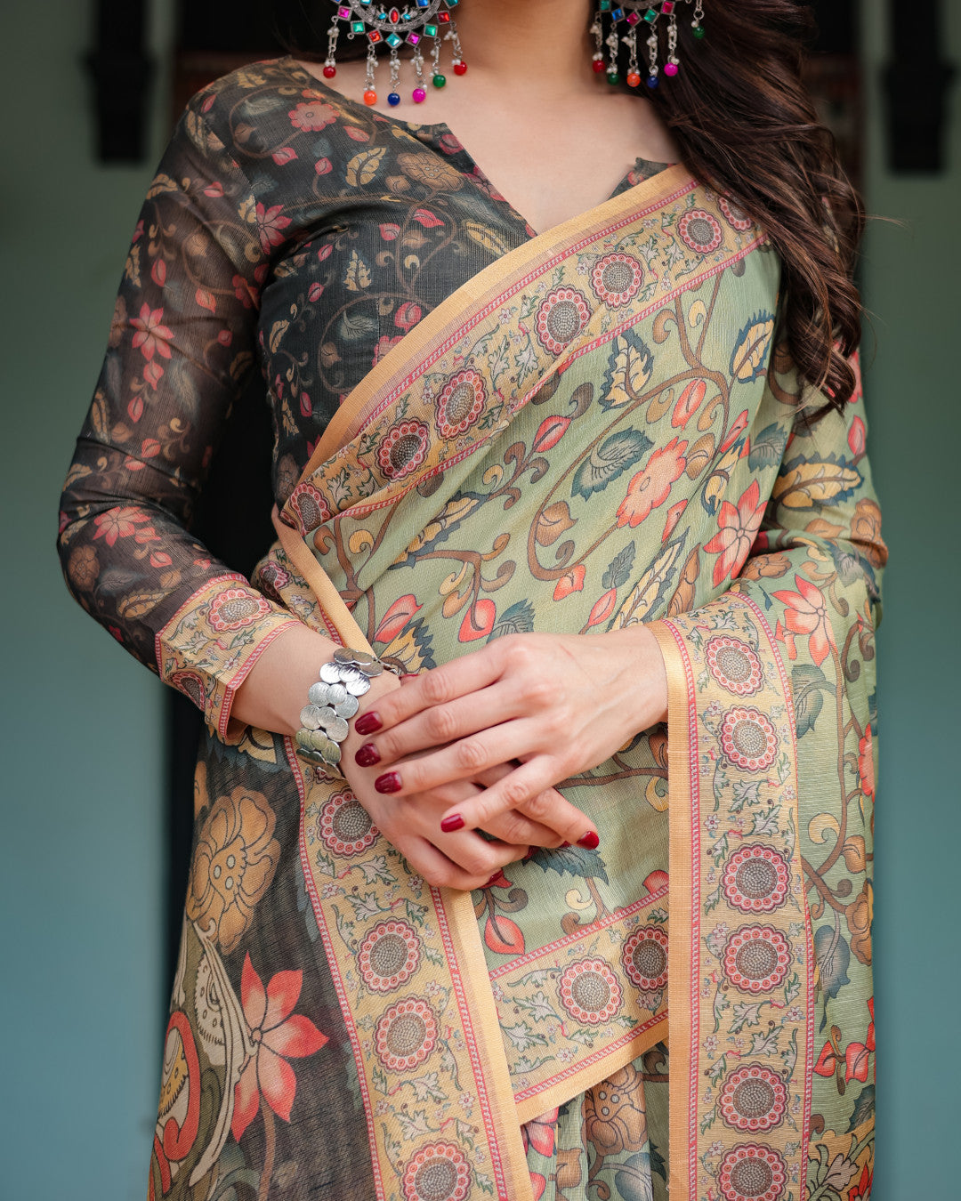 Pista Green Soft Linen Cotton Saree With Kalamkari Printed Work
