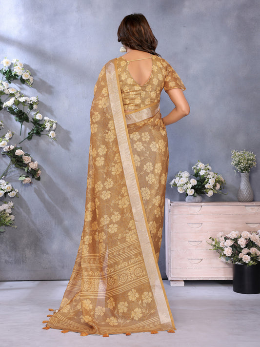 Mustard Yellow Linen Cotton Saree With Digital Printed Work And Silver Zari Border