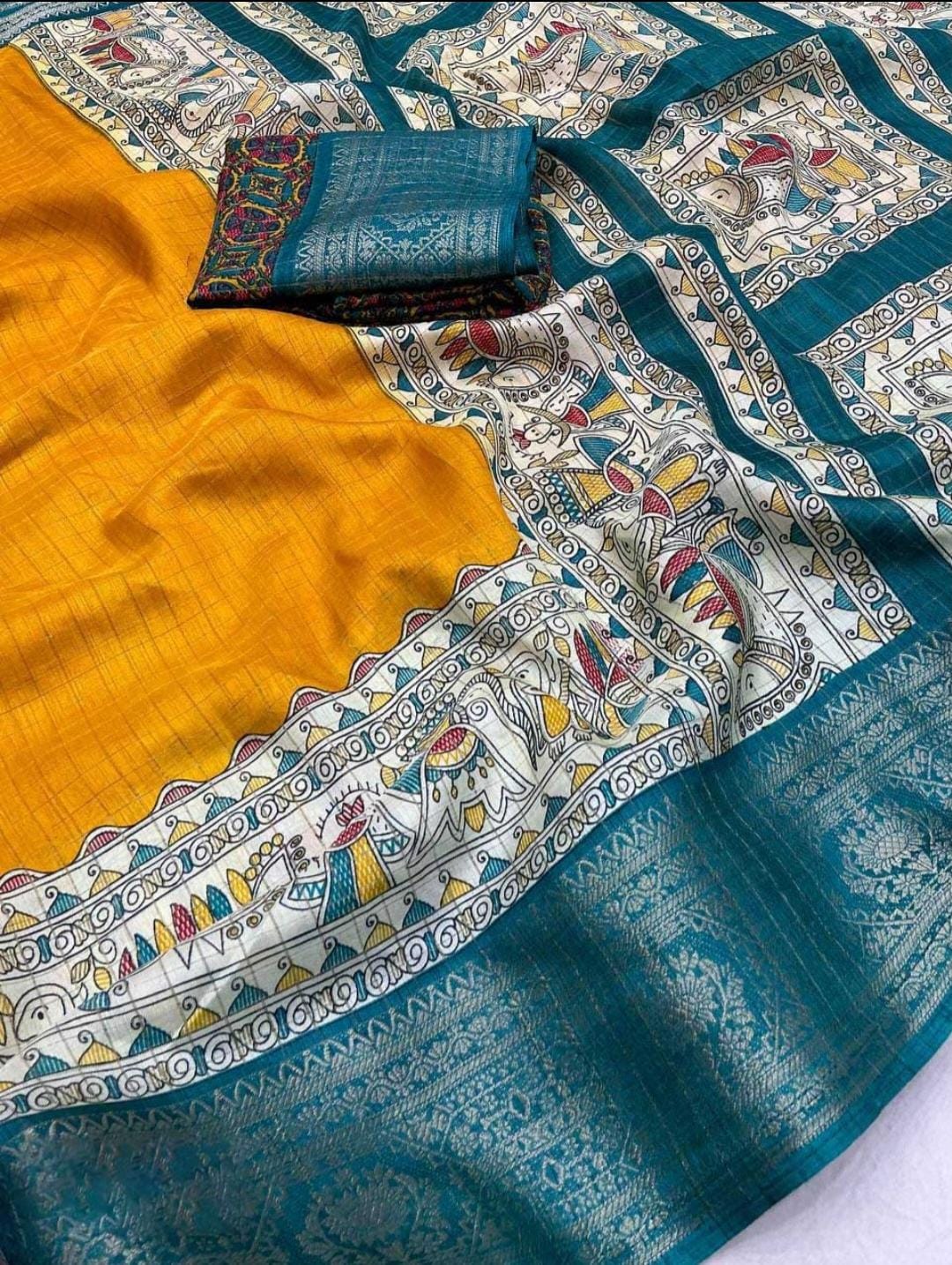 Yellow Dola Silk Saree With Beautiful Madhubani Printed Pallu Work