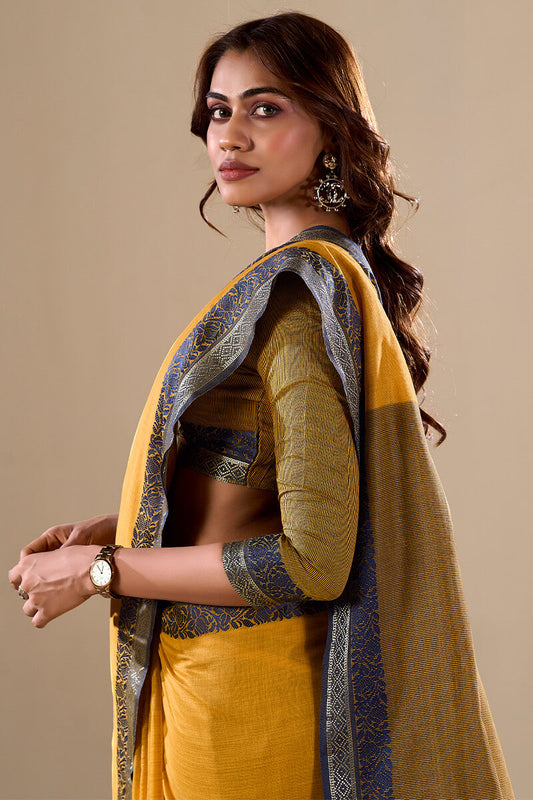 Yellow Linen Cotton Saree With Weaving Work