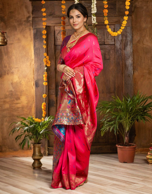 Traditional Pink Paithani Silk Saree With Zari Weaving Work