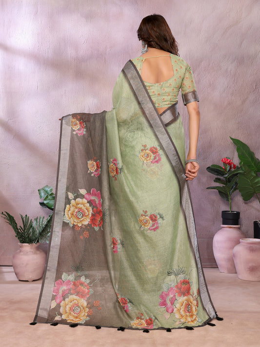 Multi Linen Cotton Saree With Digital Printed Work And Silver Zari Border
