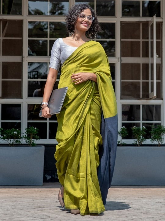 Parrot Green Color Plain Khadi Cotton Saree With Fancy Tassel Work