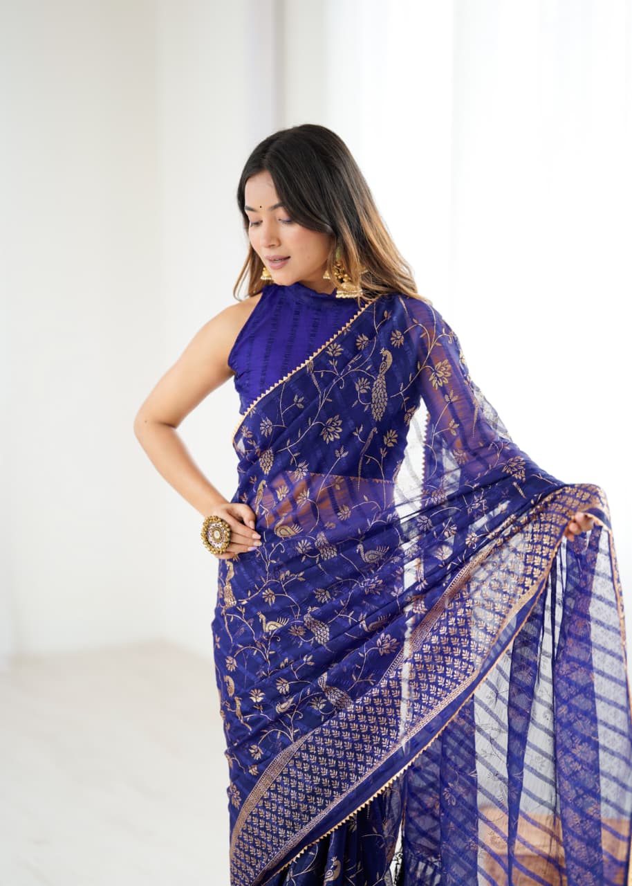 Violet Color Georgette Saree With Digital Printed Work And Lace Border