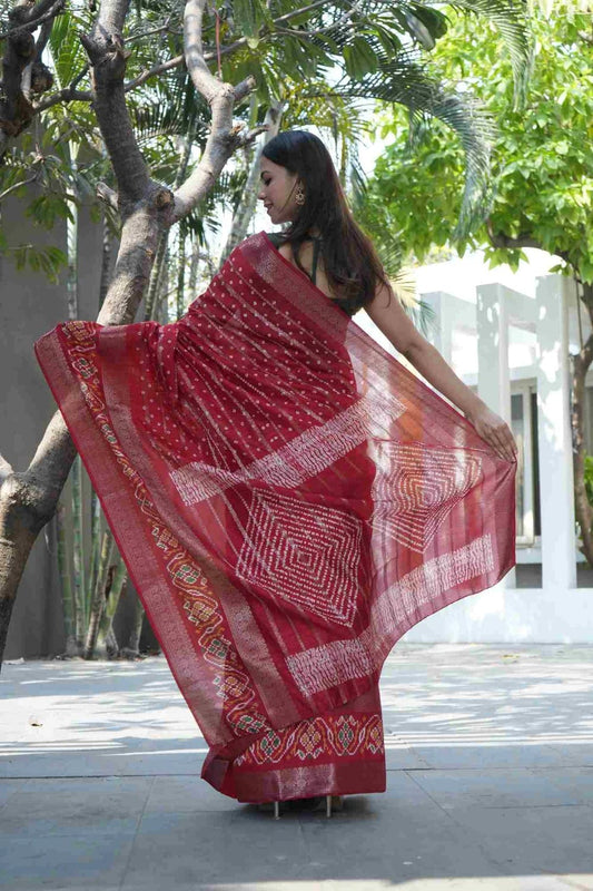 Red Fancy Dola Silk Saree With Ikkat Border Work