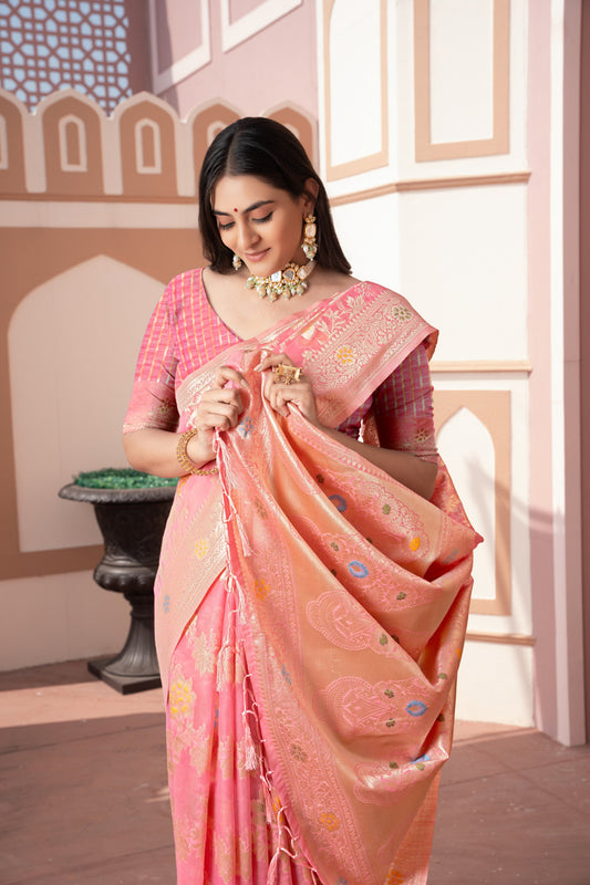 Baby Pink Banarasi Cotton Silk Saree With Zari Woven Work