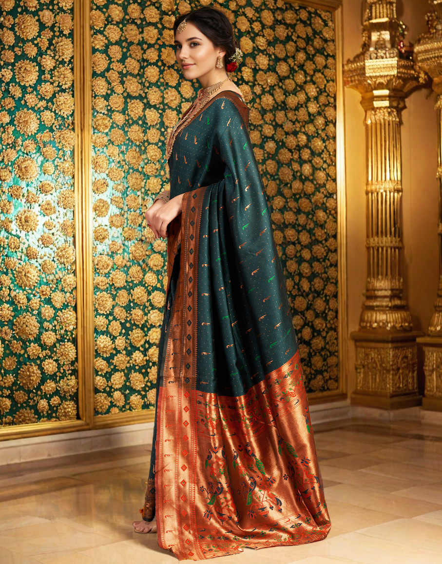 Traditional Dark Green Paithani Silk Saree With Zari Weaving Work