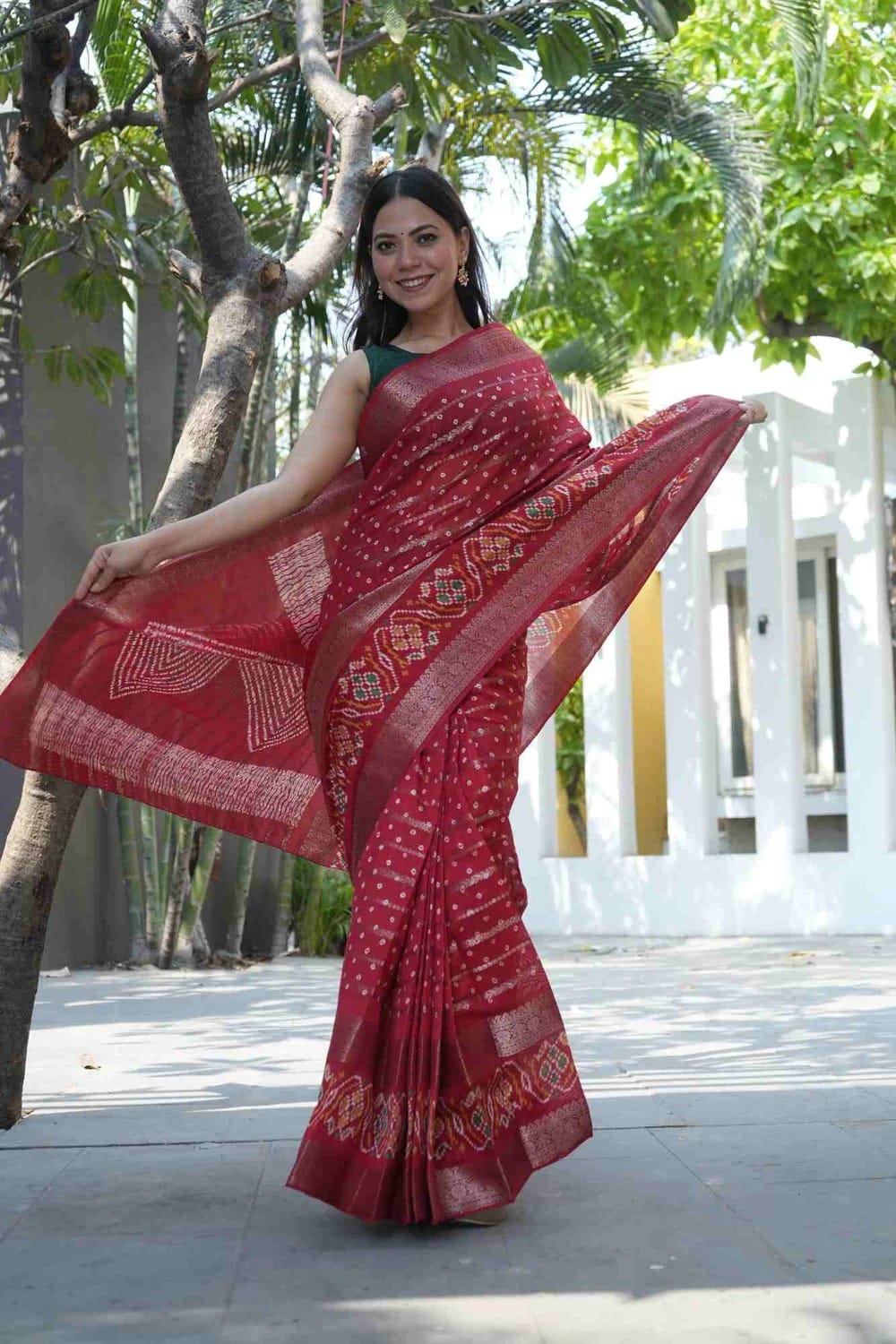 Red Fancy Dola Silk Saree With Ikkat Border Work