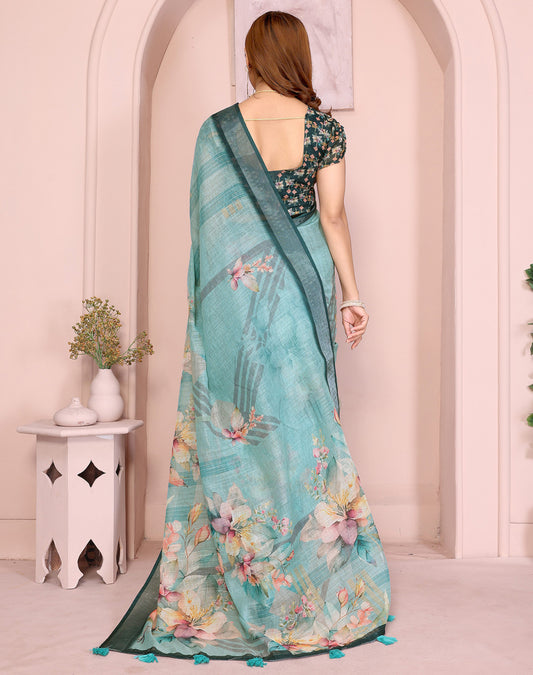 Multi Linen Cotton Saree With Digital Printed Work And Silver Zari Border