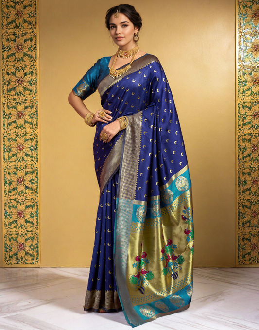 Traditional Navy Blue Chand Design Paithani Silk Saree With Zari Weaving Work