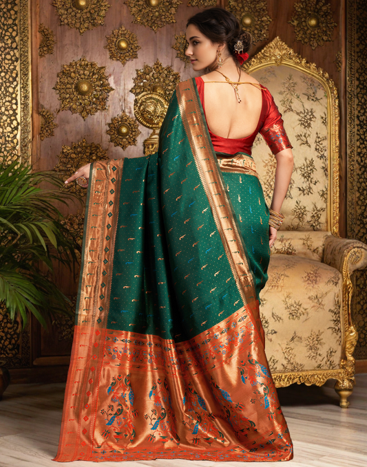 Traditional Green Paithani Silk Saree With Zari Weaving Work