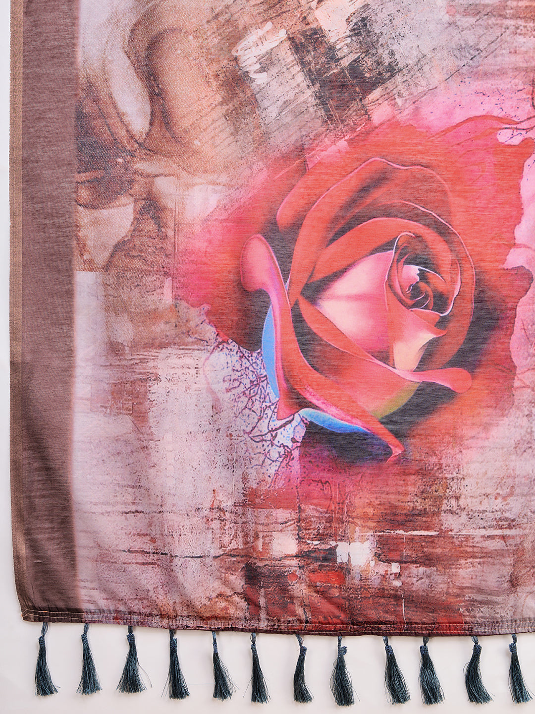 Brown Soft Linen Cotton Saree With Floral Printed Work