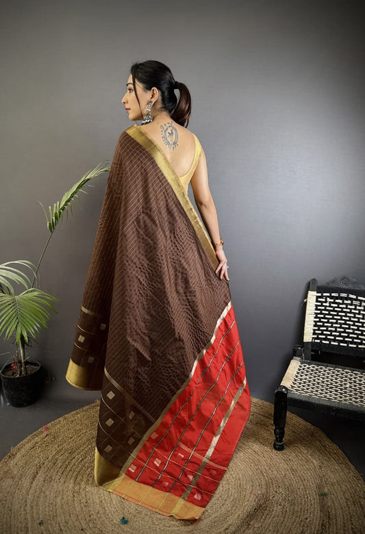 Coffee Soft Cotton Silk Saree With Zari Weaving Work