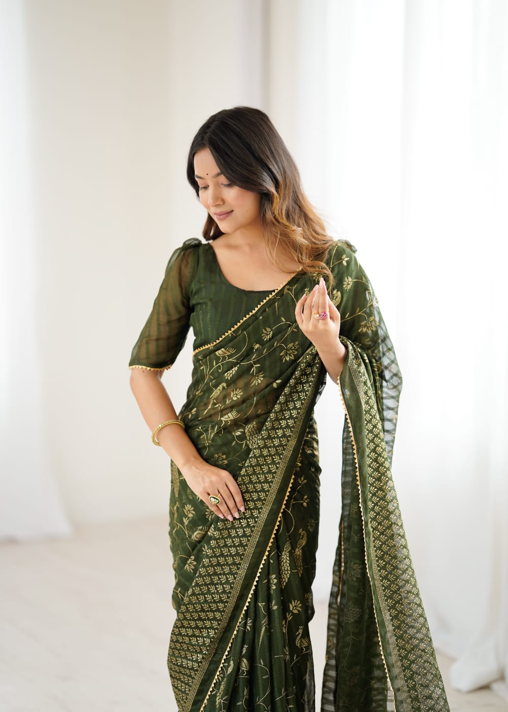 Mahendi Green Color Georgette Saree With Digital Printed Work And Lace Border