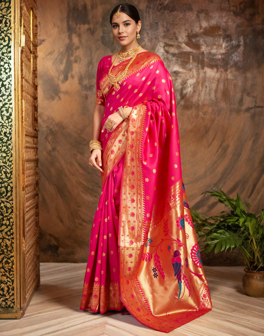 Traditional Pink Paithani Silk Saree With Zari Weaving Work