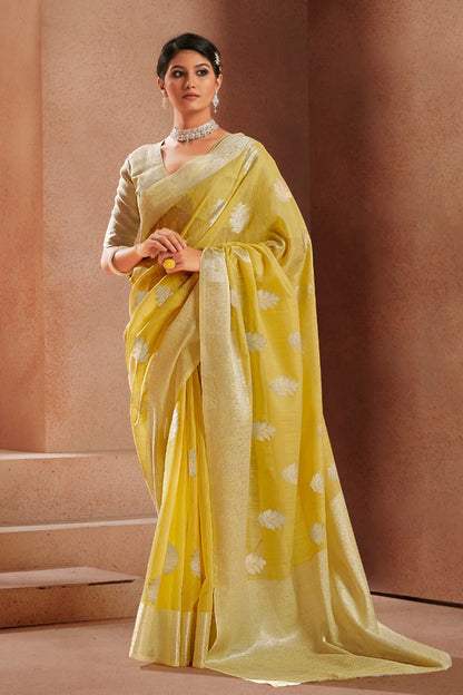 Yellow Soft Linen Silk Saree With Zari Weaving Work | Elegant Festive & Wedding Wear – JaipurSaaj