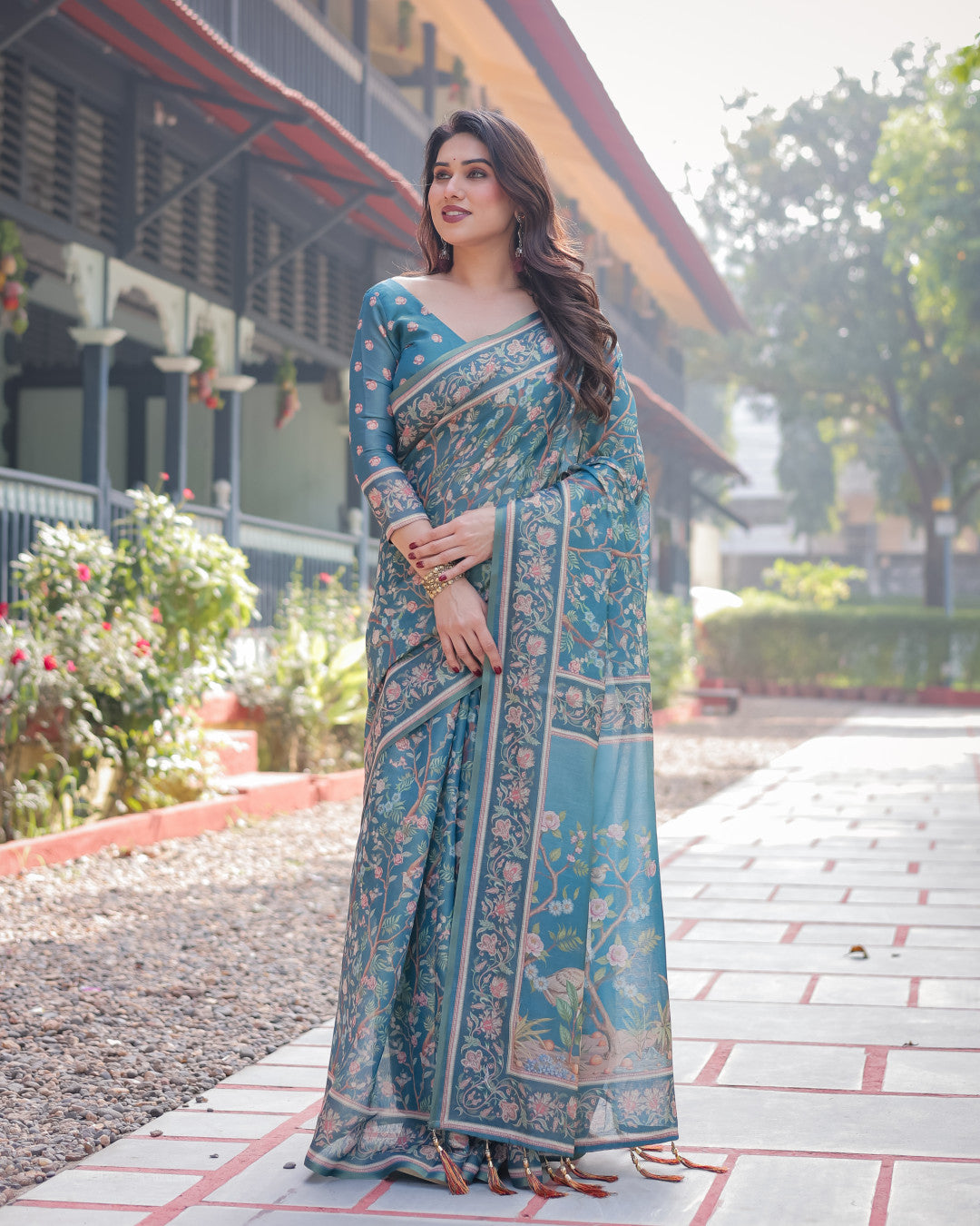 Blue Kalamkari Digital Printed Linen Cotton Saree | Summer Casual & Ethnic Wear – JaipurSaaj