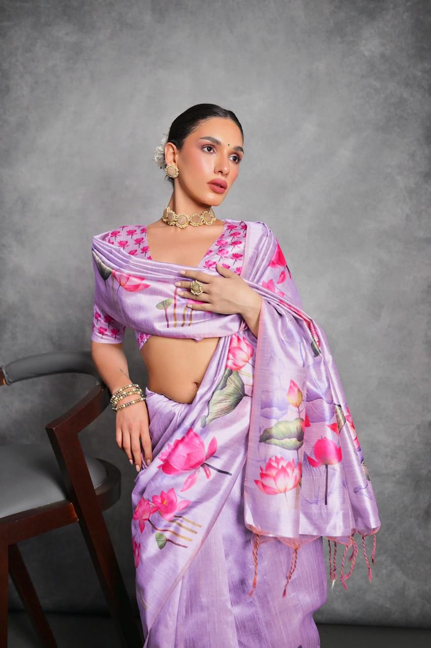 Lavender Tussar Silk Saree with Lotus Floral Printed Work | Festive & Party Wear – JaipurSaaj