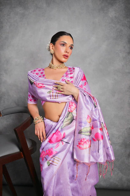 Lavender Tussar Silk Saree with Lotus Floral Printed Work | Festive & Party Wear – JaipurSaaj