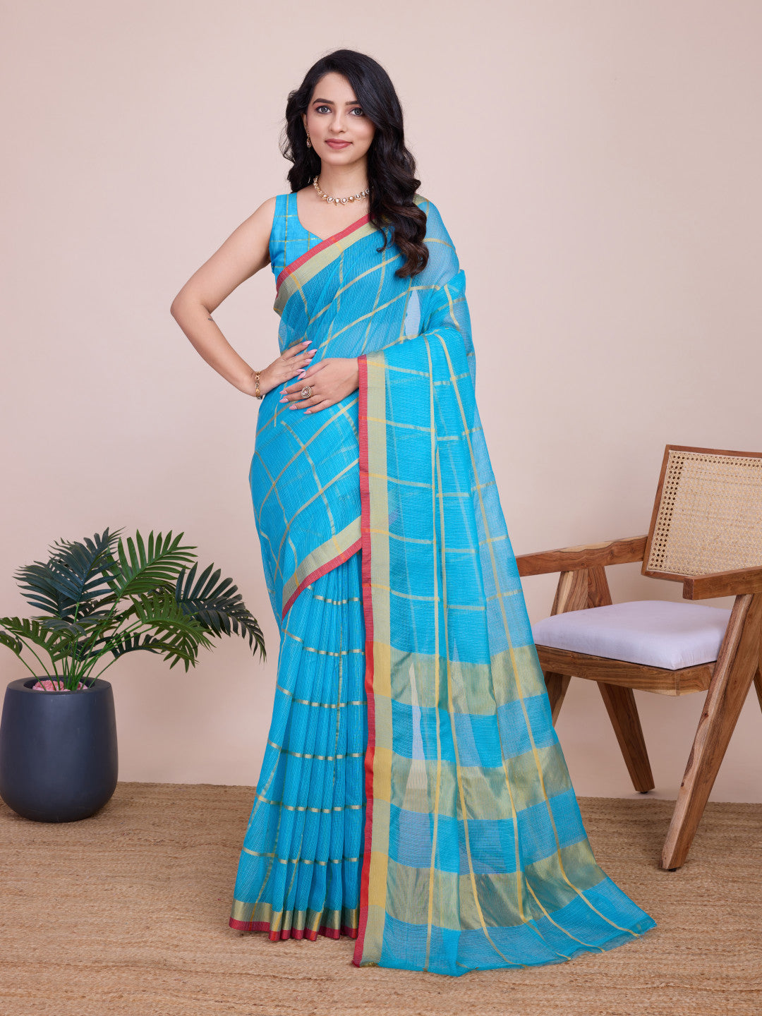Sky Blue Kota Doriya Saree With Zari Weaving Work