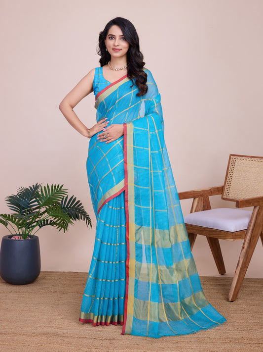 Sky Blue Kota Doriya Saree With Zari Weaving Work