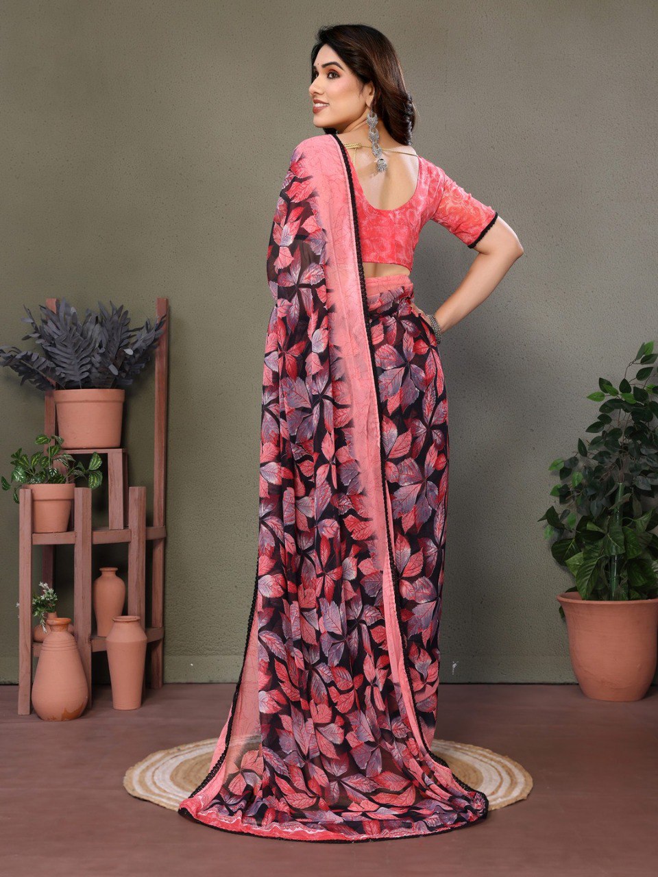 Pink Soft Chiffon Saree With Printed Work And Lace Border