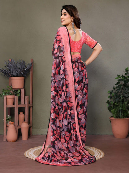 Pink Soft Chiffon Saree With Printed Work And Lace Border