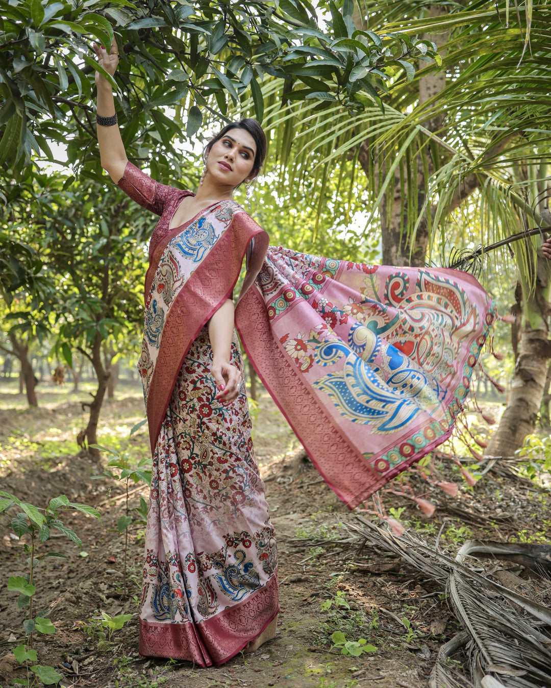 Multi Color Kalamkari Digital Printed Tussar Silk Saree | Designer Festive Ethnic Wear – JaipurSaaj