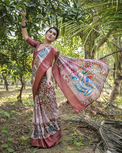 Multi Color Kalamkari Digital Printed Tussar Silk Saree | Designer Festive Ethnic Wear – JaipurSaaj