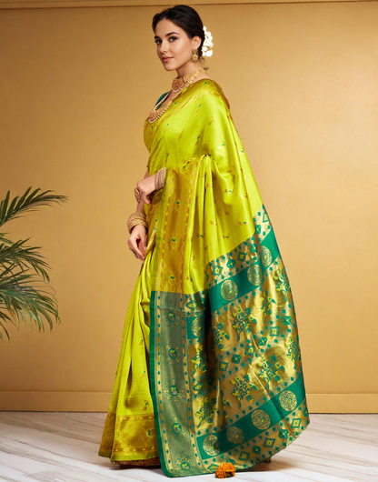 Traditional Parrot Green Paithani Silk Saree With Zari Weaving Work