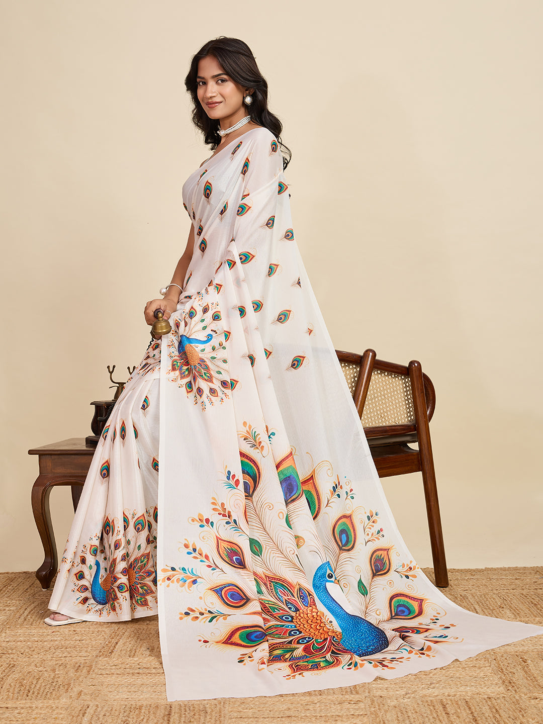 White Soft Chinnon Silk Saree With Digital Printed Work