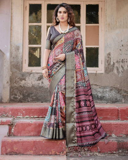 Multi Color Tussar Silk Saree With Digital Kalamkari Print & Zari Motif Border | Casual & Festive Wear – JaipurSaaj