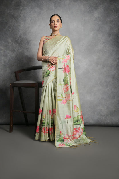 Pista Green Tussar Silk Saree with Lotus Floral Printed Work | Festive & Party Wear – JaipurSaaj