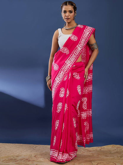 Pink Soft Pure Cotton Silk Saree With Hand Batik Print Work | Casual & Ethnic Wear – JaipurSaaj